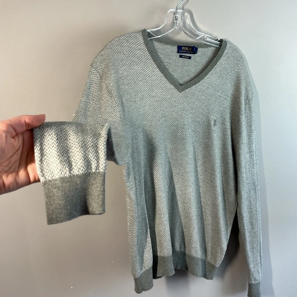 Polo Ralph Lauren Mens Gray Herringbone Pima Cotton V-Neck‎ Sweater Size M Logo